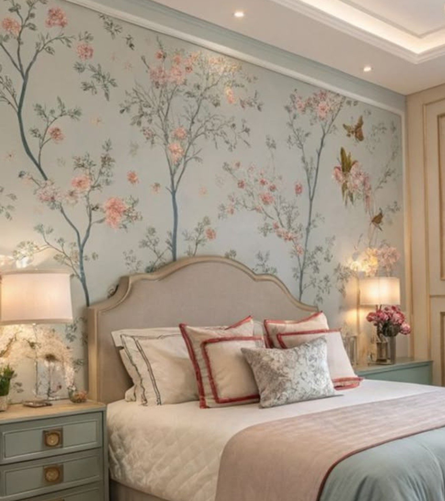 Chinoiserie designer wallpaper behind a grey velvet sofa
